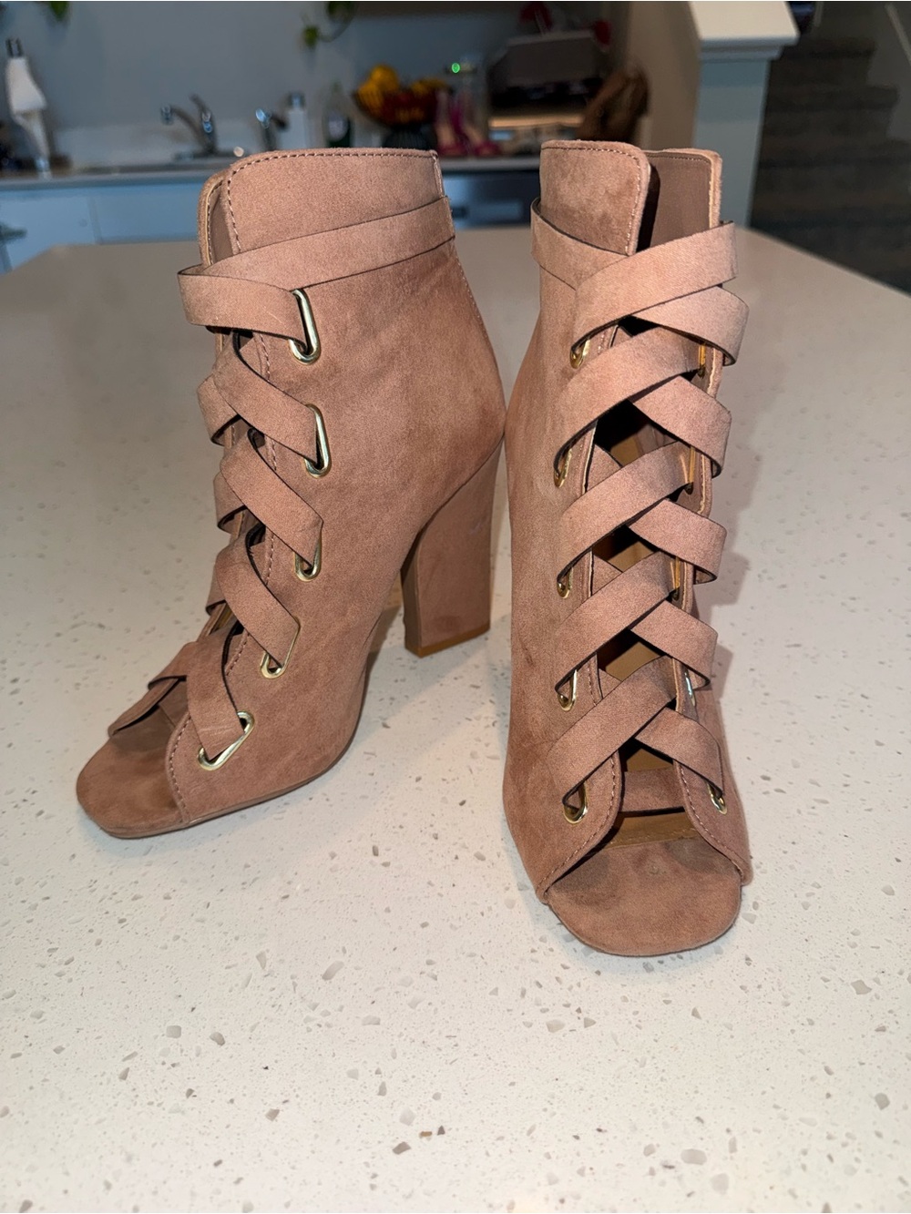 Venus Peep-Toe Lace-Up Suede Ankle Boots in Dusty Rose